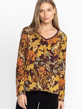 Johnny Was Janie Favorite Floral Bird Print Long Sleeve V-Neck Tee Size S